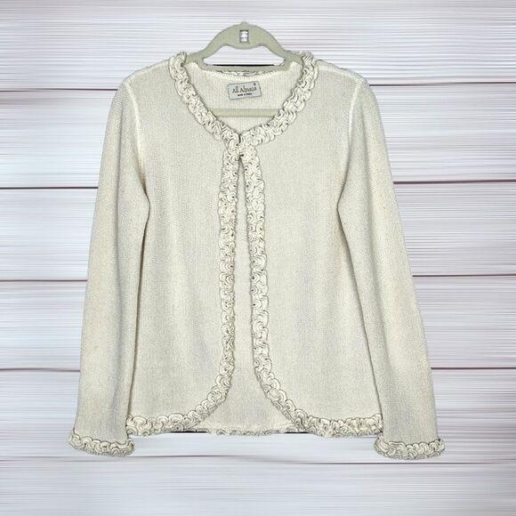 All Alpaca Ivory Cardigan Sweater Ruffle Details Hidden Button Closure M-L - Picture 4 of 14